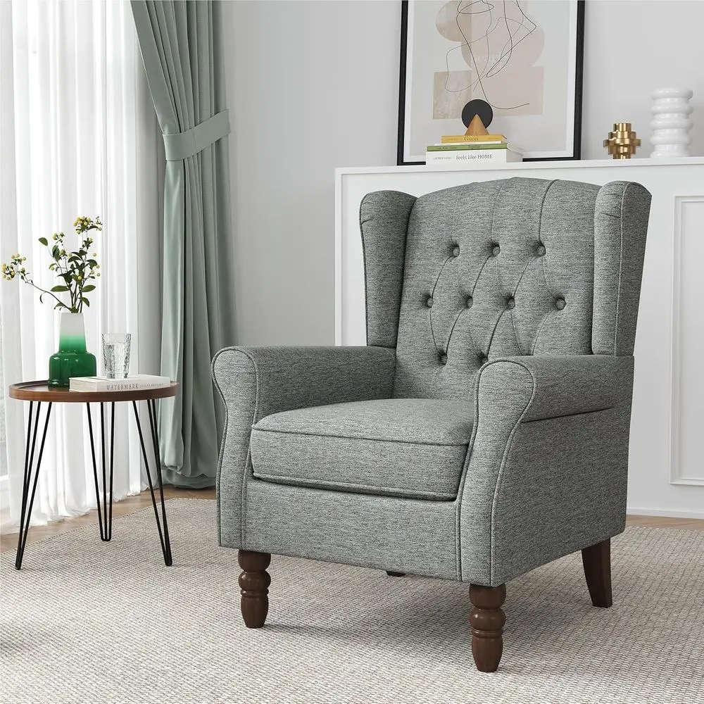 Grey Button-Tufted Wingback Chair with Solid Wood Legs for Living Room or Bedroom, High-Density Foam Seat