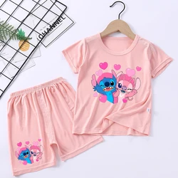 Conjunto de pijama Kawaii Stitch para bebé y niña, ropa de dormir de dibujos animados, traje de manga corta, Tops y pantalones, 2 piezas