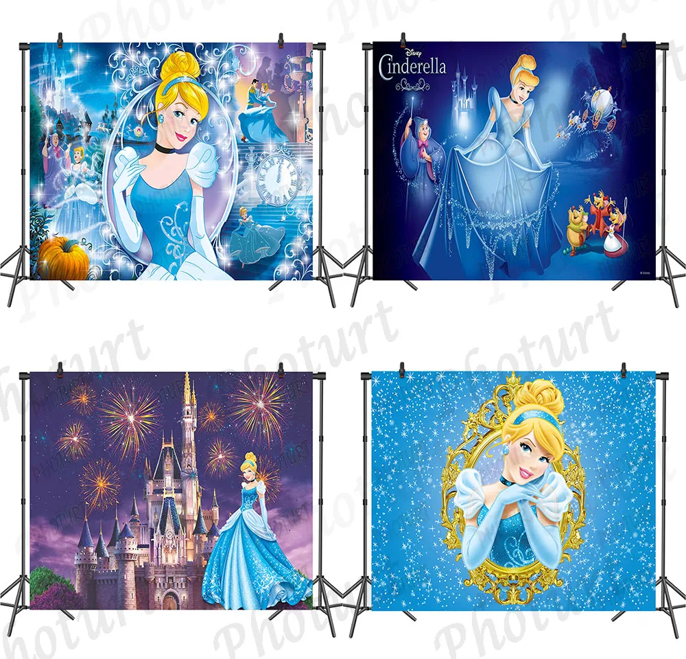 Disney Princess Cinderella Backdrop Kids Birthday Decoration Background Crystal Slipper Vinyl Polyester Photography Decor Props