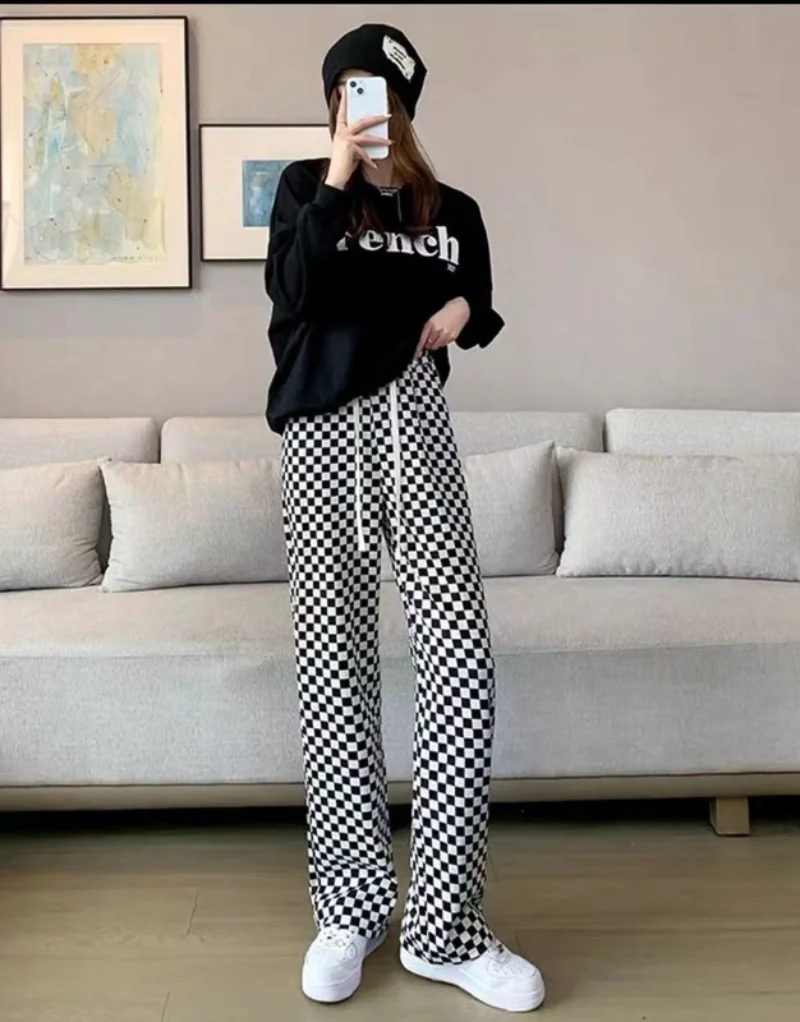 Ropa Casual para mujer, pantalones sueltos, pantalones a cuadros para mujer, tendencias de cintura alta, holgado, elástico de nailon con estética