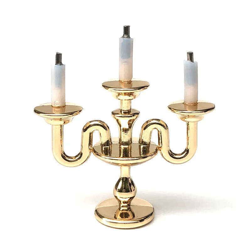 

1pc 1:12 Dollhouse Mini Metal Table Lamp Three-Tipped Candlestick Model Playhouse Table Decoration Ornament Accessory Model