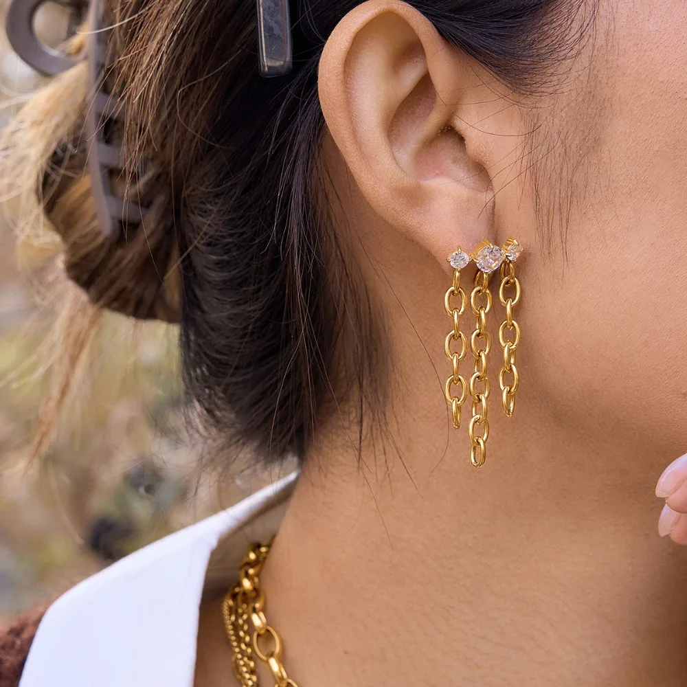 

1 пара серег с цепочкой из нержавеющей стали 18K с цирконием - уникальный дизайн, модные и не выцветающие украшения для ушей.