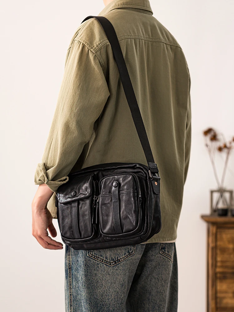 weekend travel luxury designer handmade genuine leather men black shoulder bag Outdoor leisure first layer cowhide crossbody bag