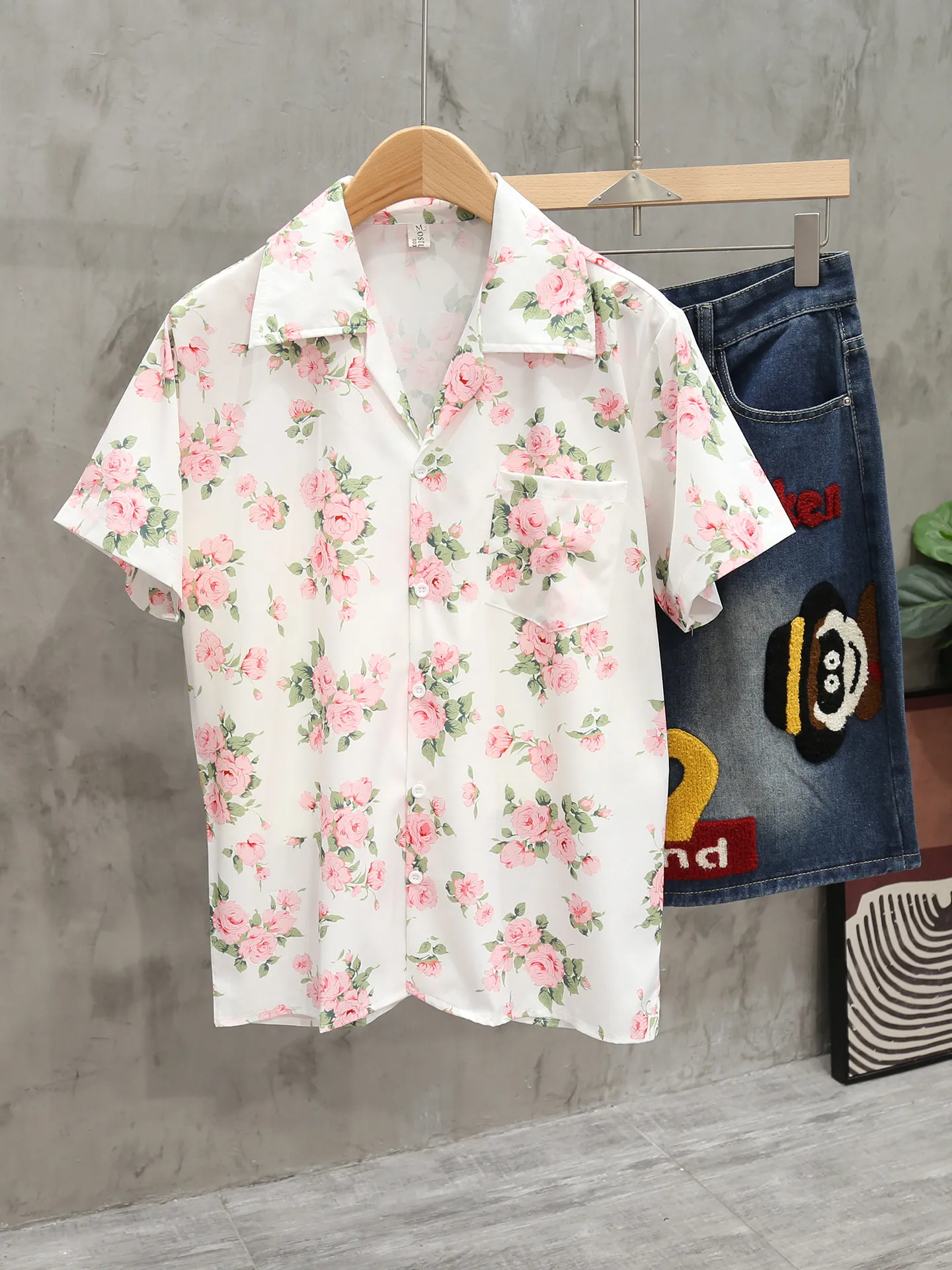 Summer Men's Full Printed Floral Shirt American Casual Fashion Retro Vacation Style Loose V-neck Single Breasted T-shirt