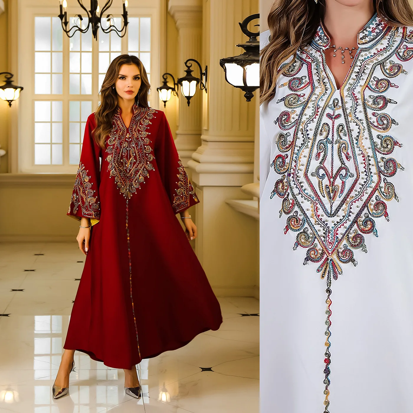 

Ramadan Morocco Middle East Luxury Fashion Muslim Robe Women's Arab Dubai Abaya Rope Embroidered Women's Robe