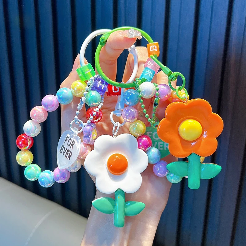 Cute Smiling Flower Keychains Korean Style Sweet Colorful Sunflower Keyrings With Beaded Chains Acrylic Flowers Keys Accessories