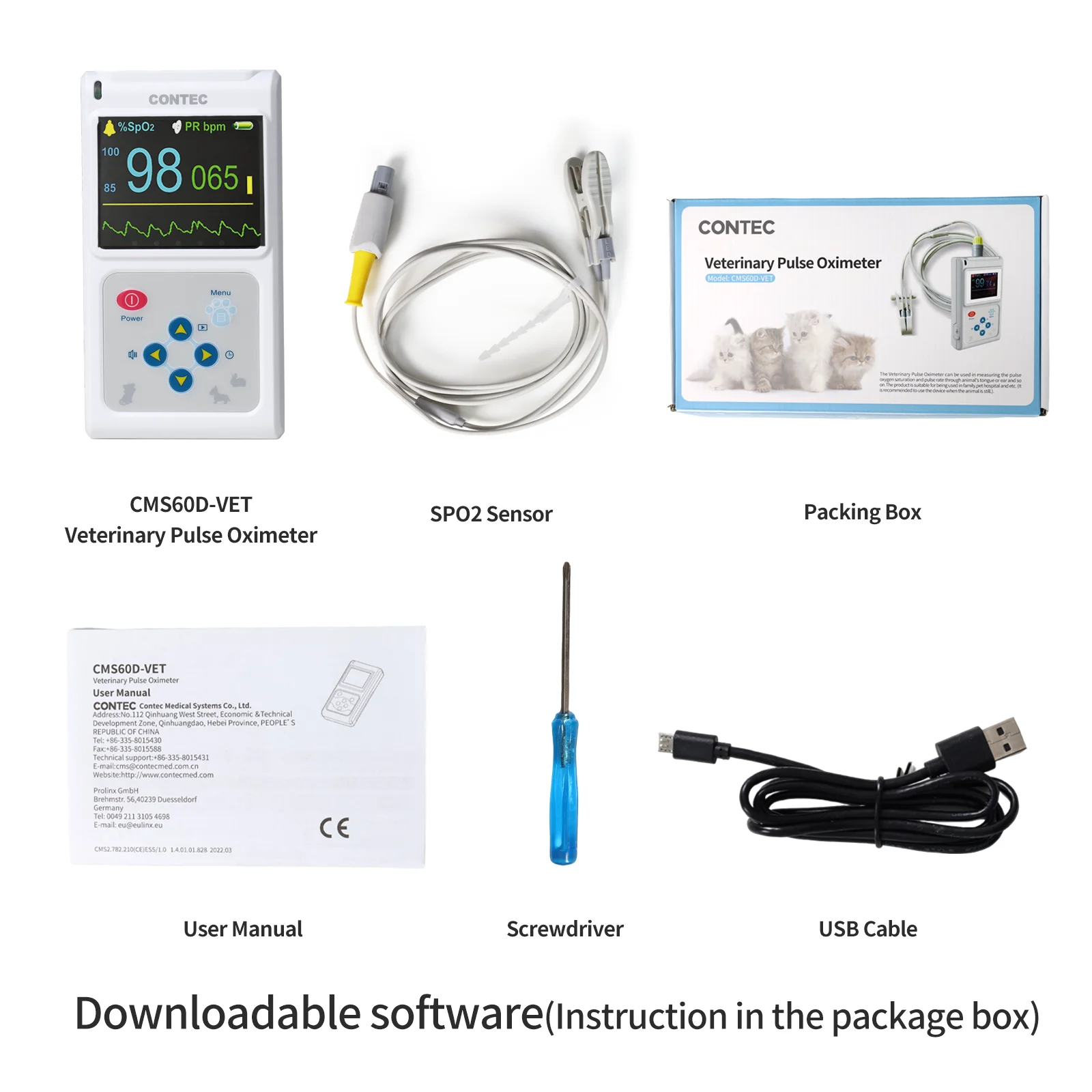 CONTEC Veterinary Pulse Oximeter Handheld Pulse Oximeter for Animals 24 hours SPO2 Pulse Rate Monitor Adjustable Alarm CMS60D-VE