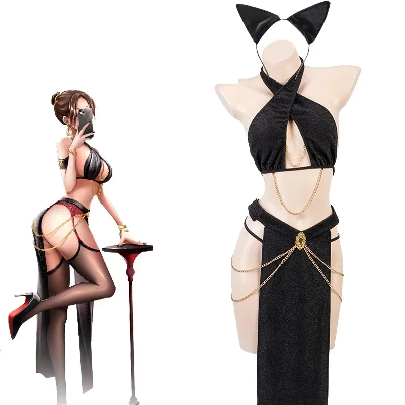 Disfraces de Reina Medieval Cleopatra para Mujeres Adultas, Disfraz de Conejita, Uniforme Negro con Orejas de Gato, Ropa Sexy con Cadena para Fiestas y Juegos
