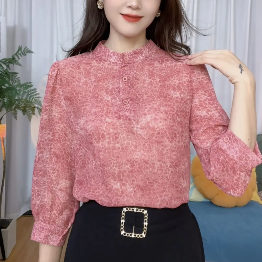 Camicetta floreale in chiffon Camicia estiva da donna con maniche a 3/4 versatile vestibilità ampia e nuovo stile