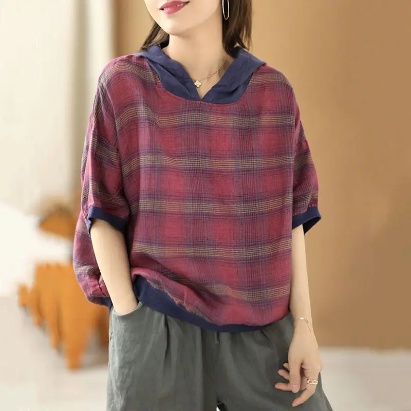 Women Summer Simplicity Loose Vintage Plaid Contrasting Colors Short Sleeve Hoodies Women Clothes Casual All-match Trend Top Tee