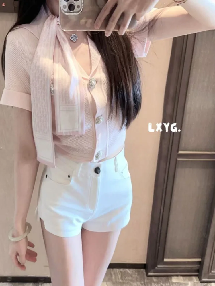 

LXYG2026 Summer New High-End Metal Buckle Turn-down Collar Short Sleeve Slim-fit Short Length Ice Silk Knitted Open Cardigan ...