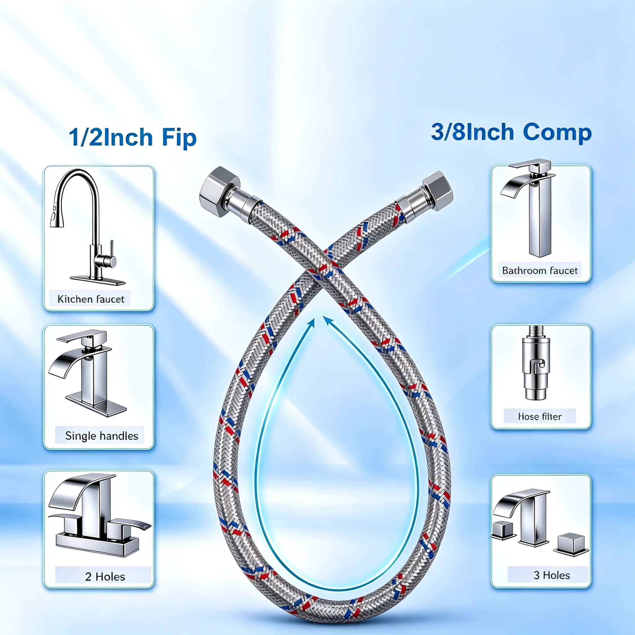 Stainless Steel Braided Flexible Water Hose 20/40/60/80/100cm 1/2