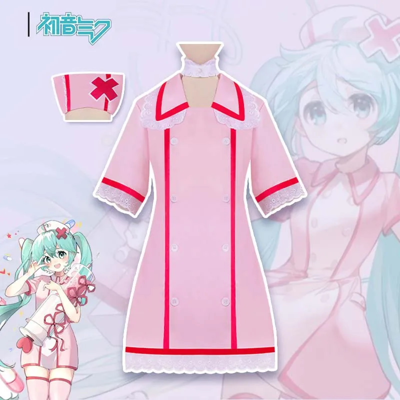 アニメ-vocaloid-mmikuu-コスプレピンクナースドレス女性制服帽子靴下付きハロウィンパーティー衣装