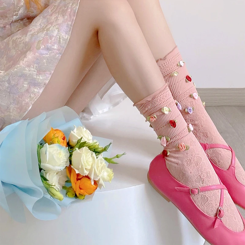 Romantic Rose Socks For Women Colorful Hollow-Out Lace Flower Ruffles Mid-Tube Socks Thin Breathable Sweet Rose Trims Socks