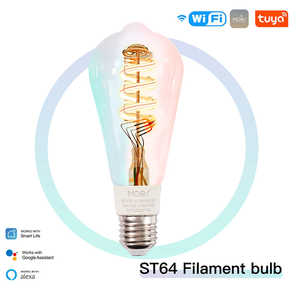 

Tuya WiFi Smart ST64 Edison LED Light Bulbs 2700K-6500K Color Changing Smart Bulbs Work with Alexa/Google Home 350LM APP Control