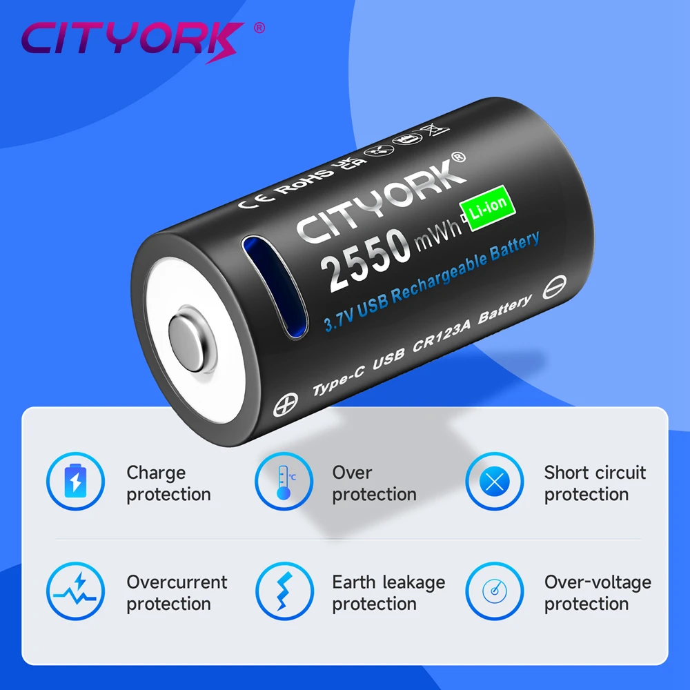 CITYORK 3.7V CR123A CR123 16mmX35mm Rechargeable Battery With USB Inport for RCR123 RCR123A LED Flashlight