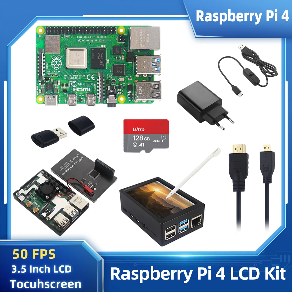 

Raspberry Pi 4 Model B 8 / 4 / 2 ГБ + сенсорный экран 3,5 дюйма 50 кадров в секунду + искусственная кожа + вентилятор + источник питания + 32 64 128 ГБ TF-карта для Pi 4