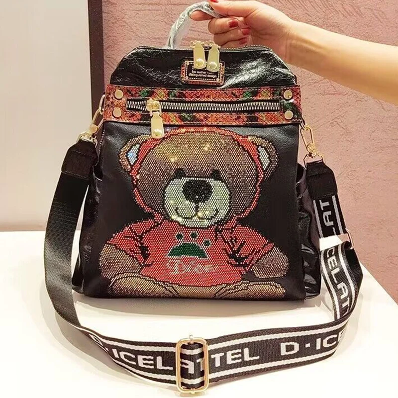 2024 New Fashion Women's Backpack Colorful Diamonds Cute Bear Luxury Bagpack Female Large Capacity Brand Shoulder Bag Schoolbag