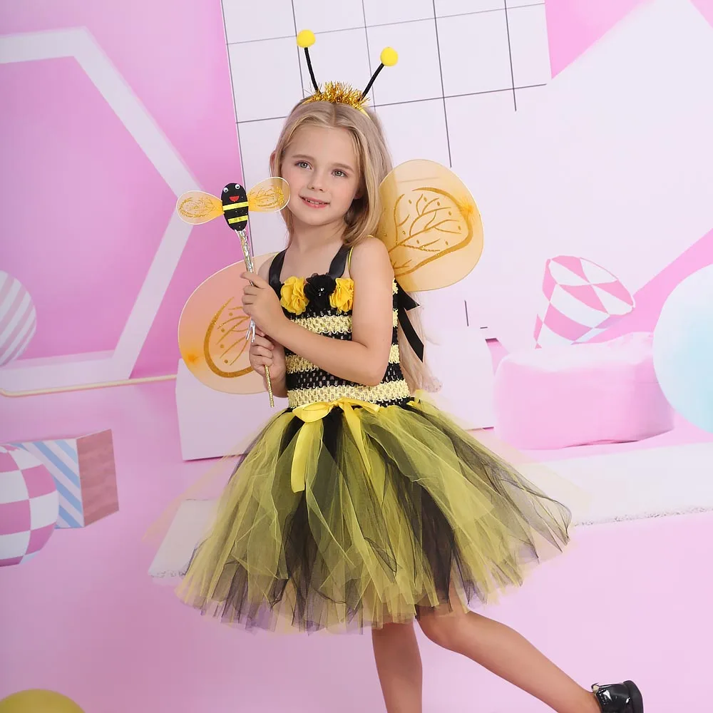 Girls Honeybee Flower Tutu Dress Kids Birthday Outfit Summer Dresses Headband Wings Set Bee Costume Kids Halloween Girl Costume