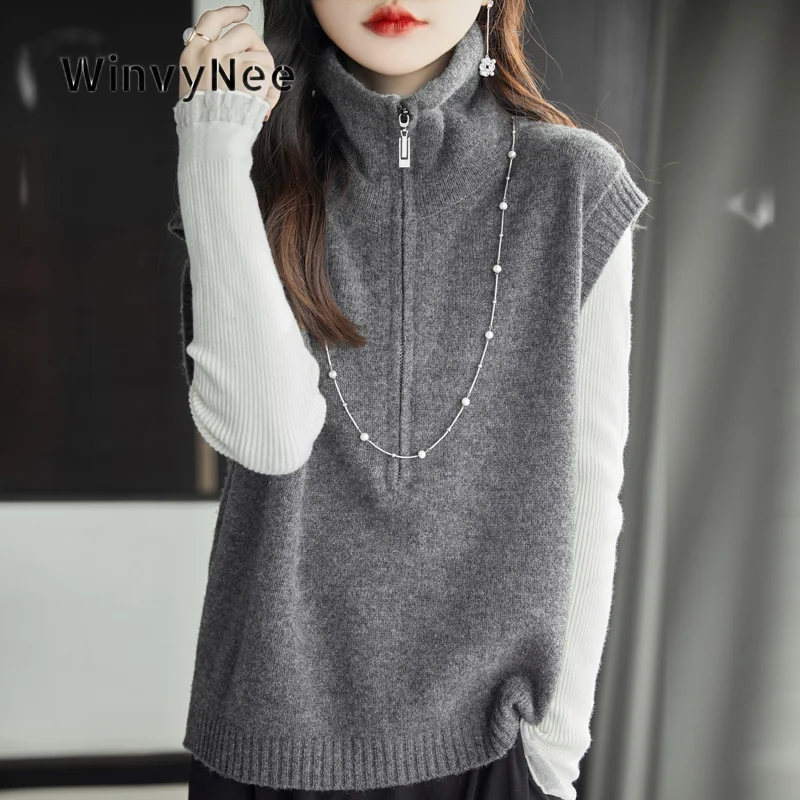WinvyNee Women Knit Waistcoat Pure Wool Half Zip Stand Neck Sleeveless Top Minimalist Layering Soft Warm Knitwear Daily C1733073