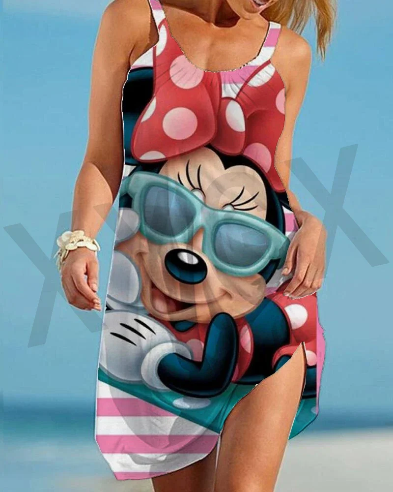 Disney Minnie Mickey Mouse Women Sexy Beach Dresses Summer 3D Tie Dye Rainbow Beachwear Suspenders Vintage Fashion Party Dress