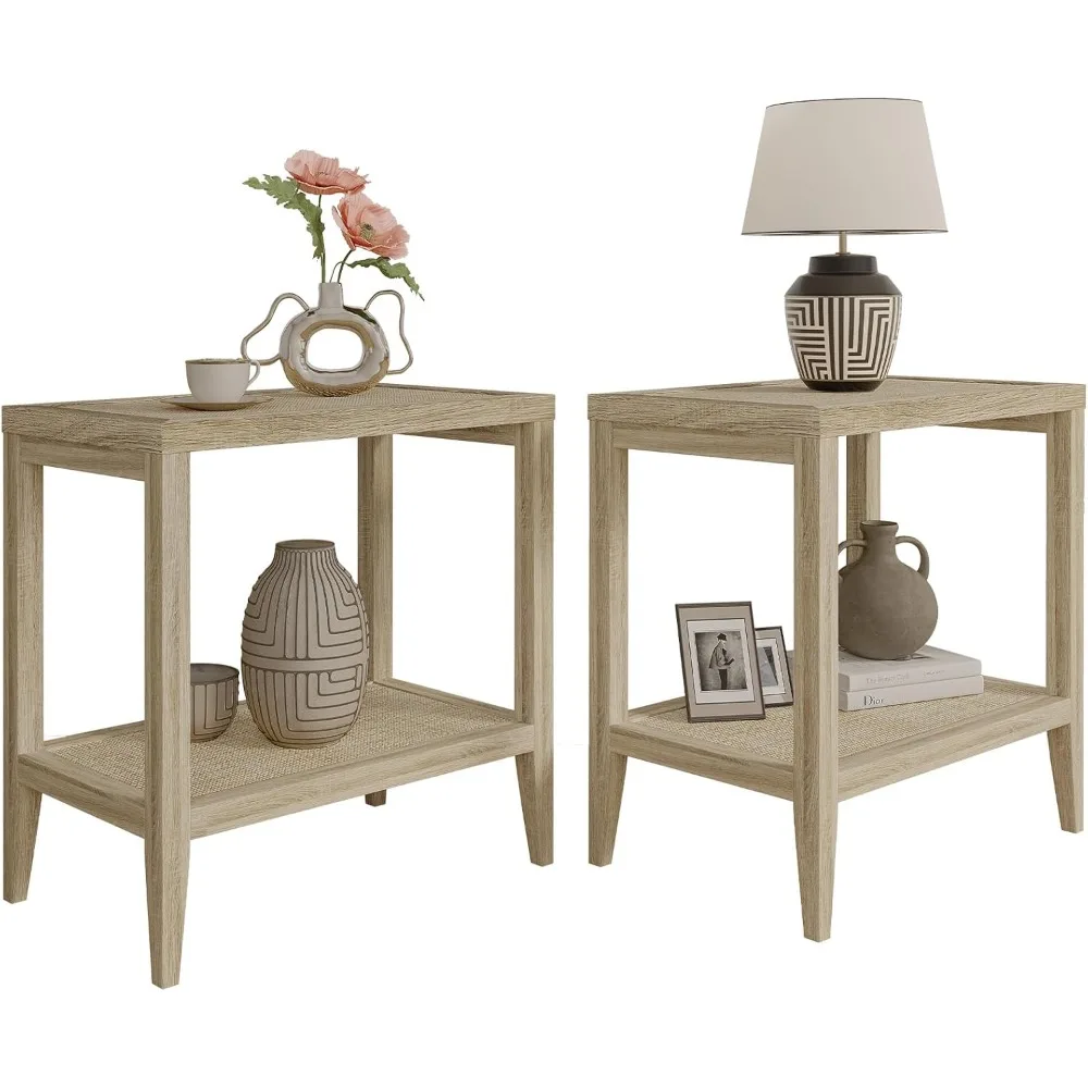 

Solid Wood End Table, Narrow End Table Living Room Set of 2 Side Table with Rattan Storage Shelves ,Storage End Tables