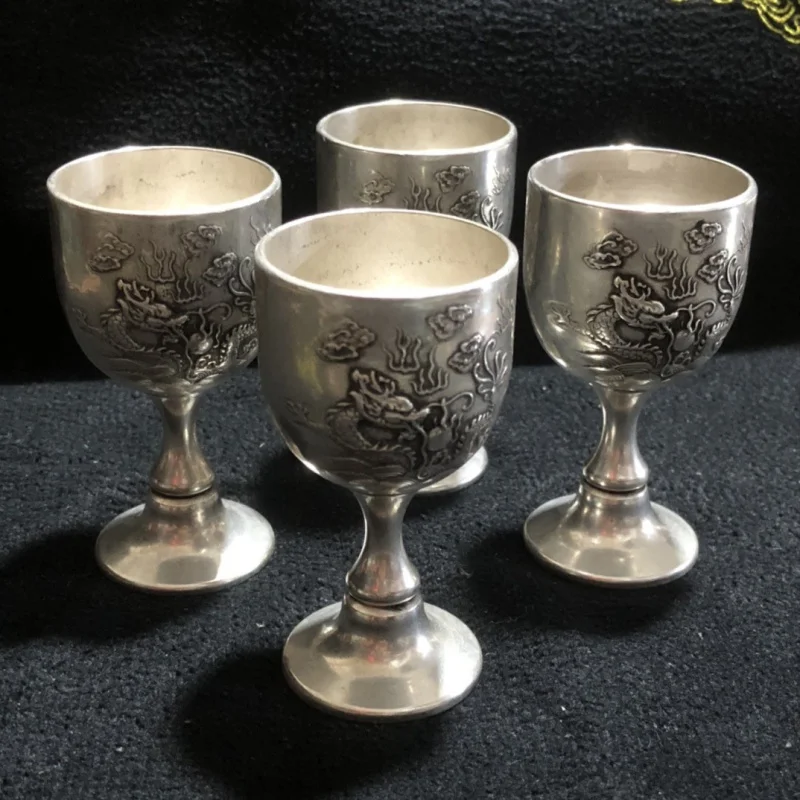 Antique Pure Copper Silver-Plated Double Dragon Goblet Set of Four Home Office Ornaments Copper Ware Collection