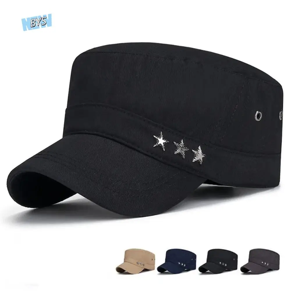 

Fashion Cotton Flat Top Hat Solid Stars Cadet Hat Men Fishing Grandpa Sunshade Hat Sunscrean