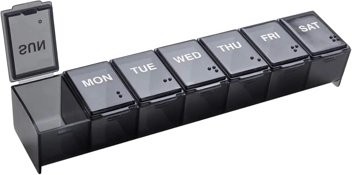 

7-Day Weekly Pill Organizer, Large Compartments, Travel-Friendly, BPA-Free, Black