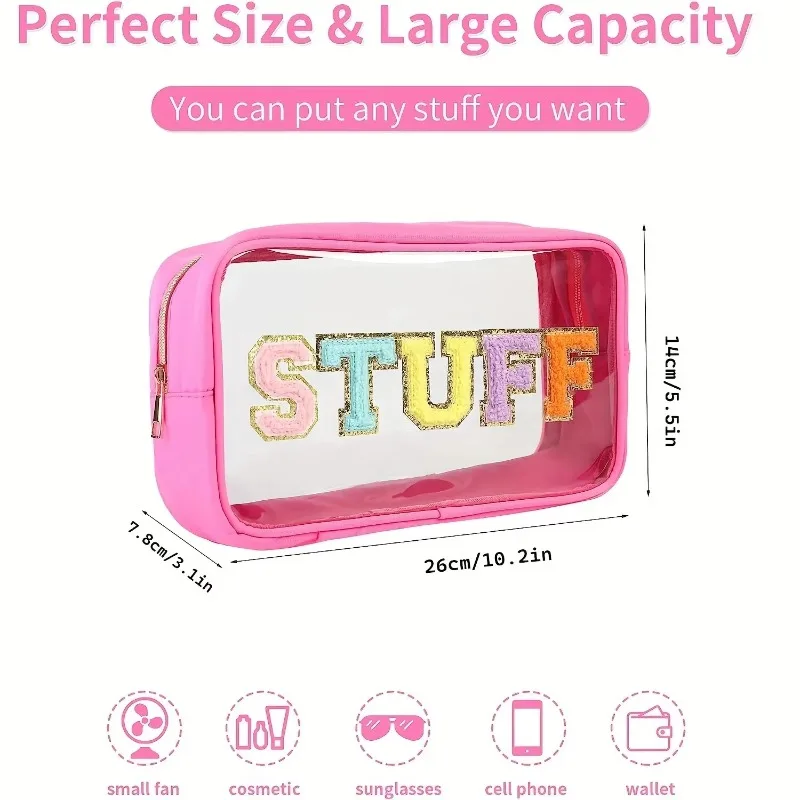 Letter Patches Cosmetic Bag Transparent Women Make Up Case Waterproof Nylon Makeup Pouch Toiletry Beauty Organizer for Travel