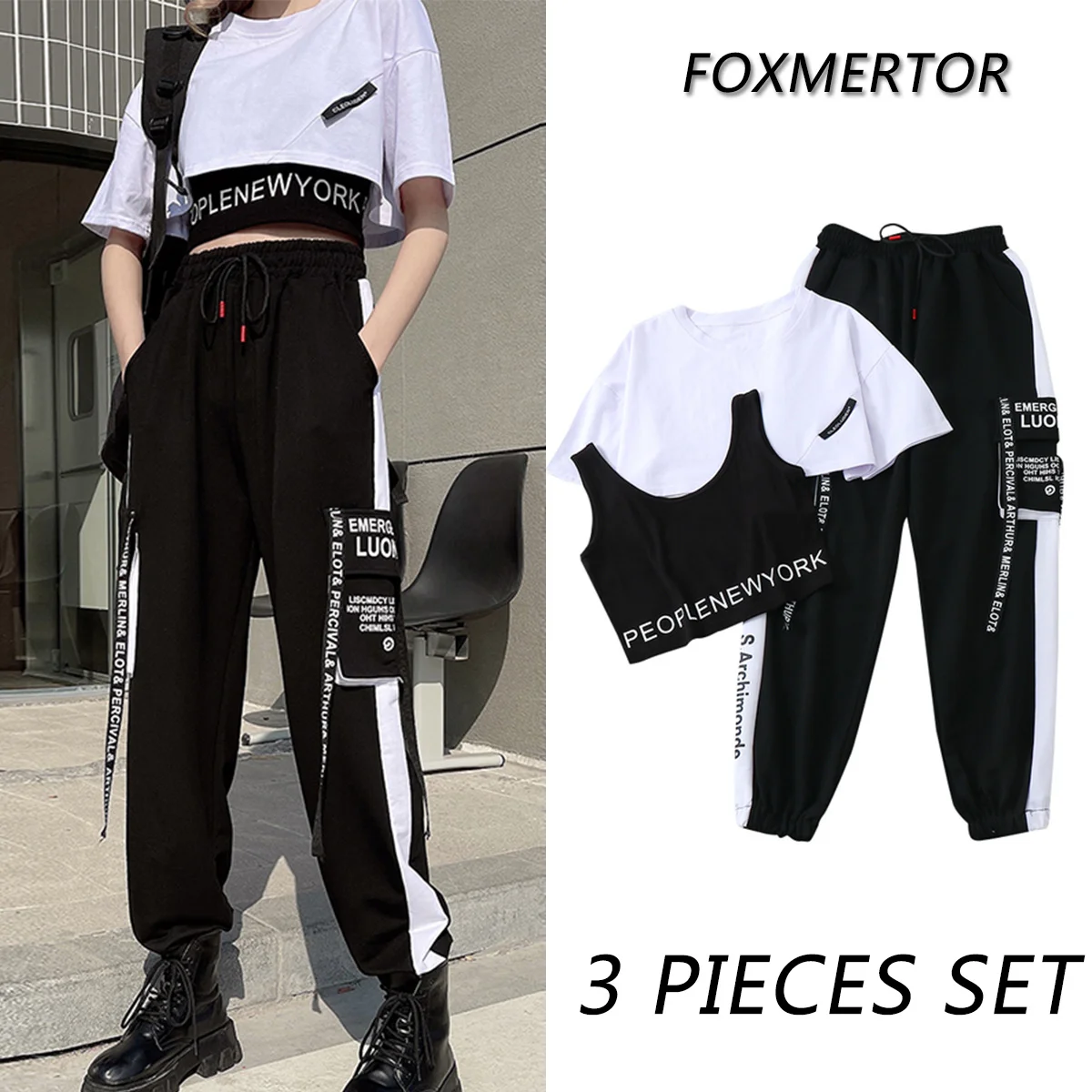 

3 Pieces Summer Women Cargo Pants Suit Set Streetwear Outfit Haruku Short Sleeve 2024 Trousers Crop Tops Tee Shirt #Tz05