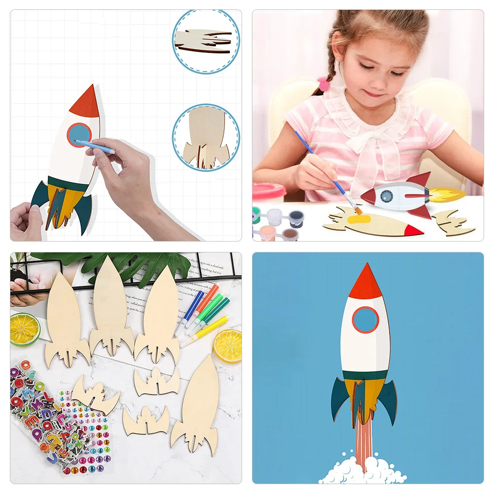 1 مجموعة 1 مجموعة من Diy بها بنفسك الحرف الصواريخ الخشبية غير المكتملة الكتابة على الجدران للأطفال رسمت باليد الخشب الحرفية عدة الأطفال مشروع فني الطلاب