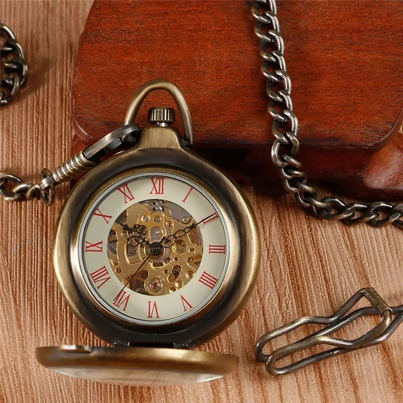 Vintage Bronze Men Women Skeleton Handwind Mechanical Pocket Watch Half Hunter Pendant Chain Roman Number FOB Clock Gift reloj