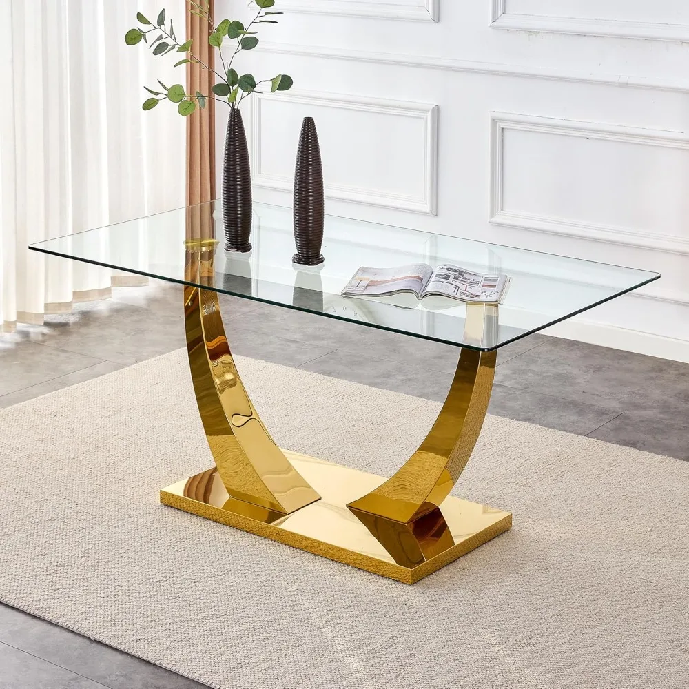 Glass Dining Table, 63inch Rectangular Gold Kitchen Table, Modern Dining Room Table with 0.39