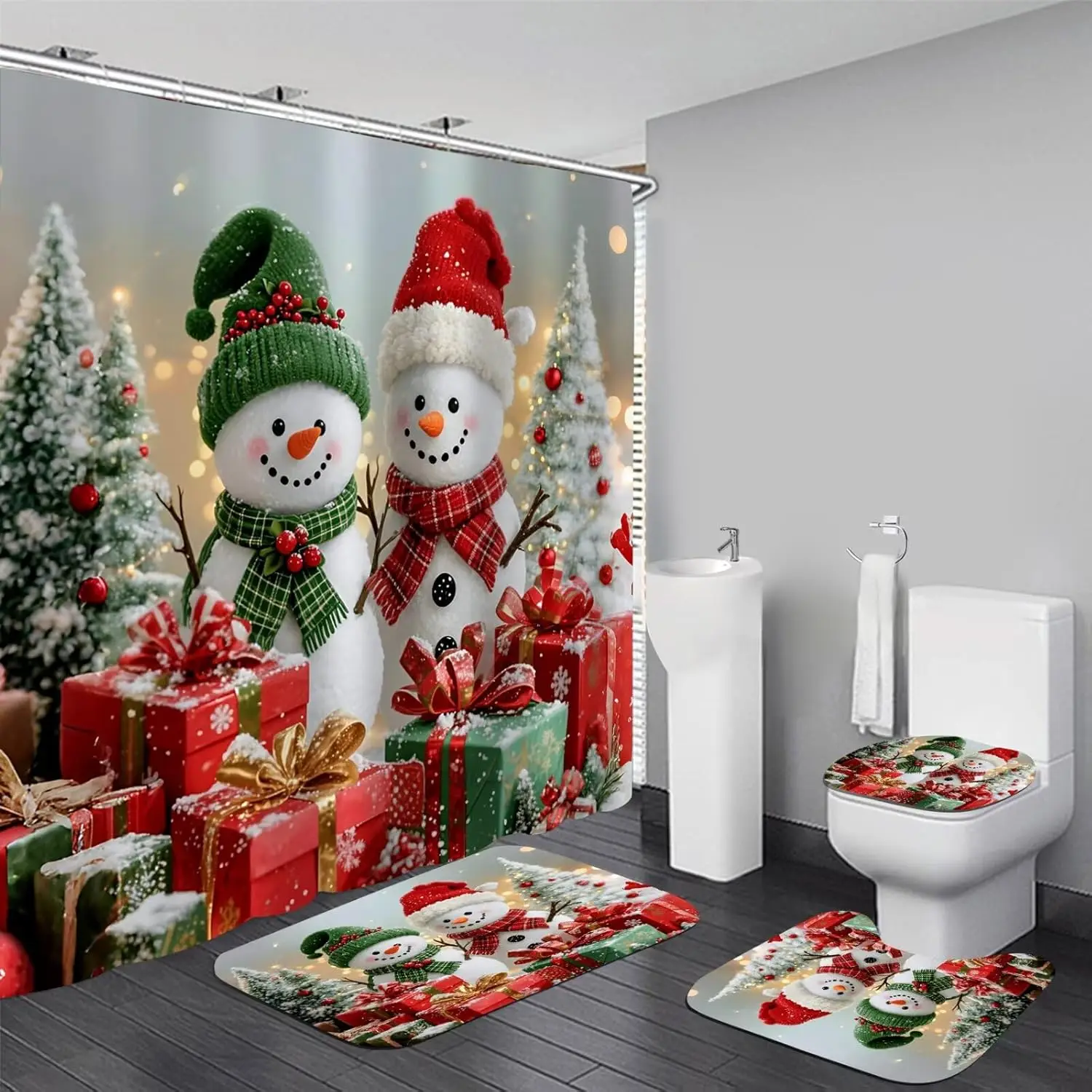

4 шт., комплект занавесок для душа с рождественским снеговиком, с нескользящими ковриками, крышкой для унитаза и ковриком для ванной, зимний аксессуар для декора ванной комнаты