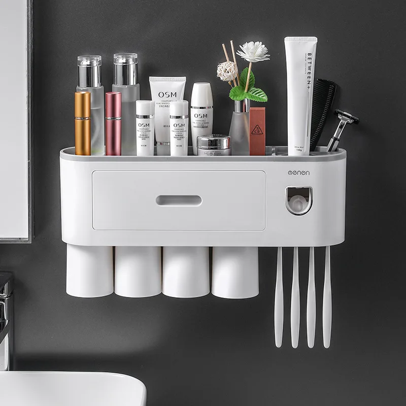 Toothbrush Holder Double Automatic Toothpaste Dispenser Magnetic Adsorption Inverted Cup Storage Rack Bathroom Accessories