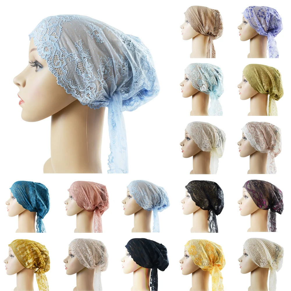 12pcs Flower Lace Women Muslim Inner Cap Hijab Scarf Islamic Headwear Turban Bonnet Hat Bandage Caps Underscarf Hair Loss Covers