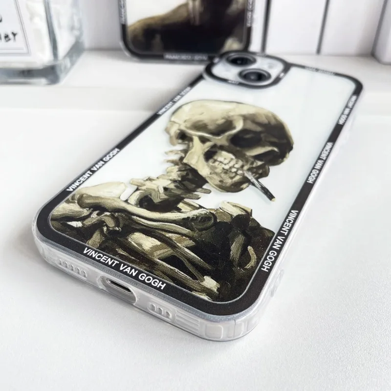 Van Gogh Skeleton Art Aesthetic Phone Case for iPhone 15 14 13 12 11 Pro Max Mini X XS XR SE 7 8 Plus Transparent Soft Cover