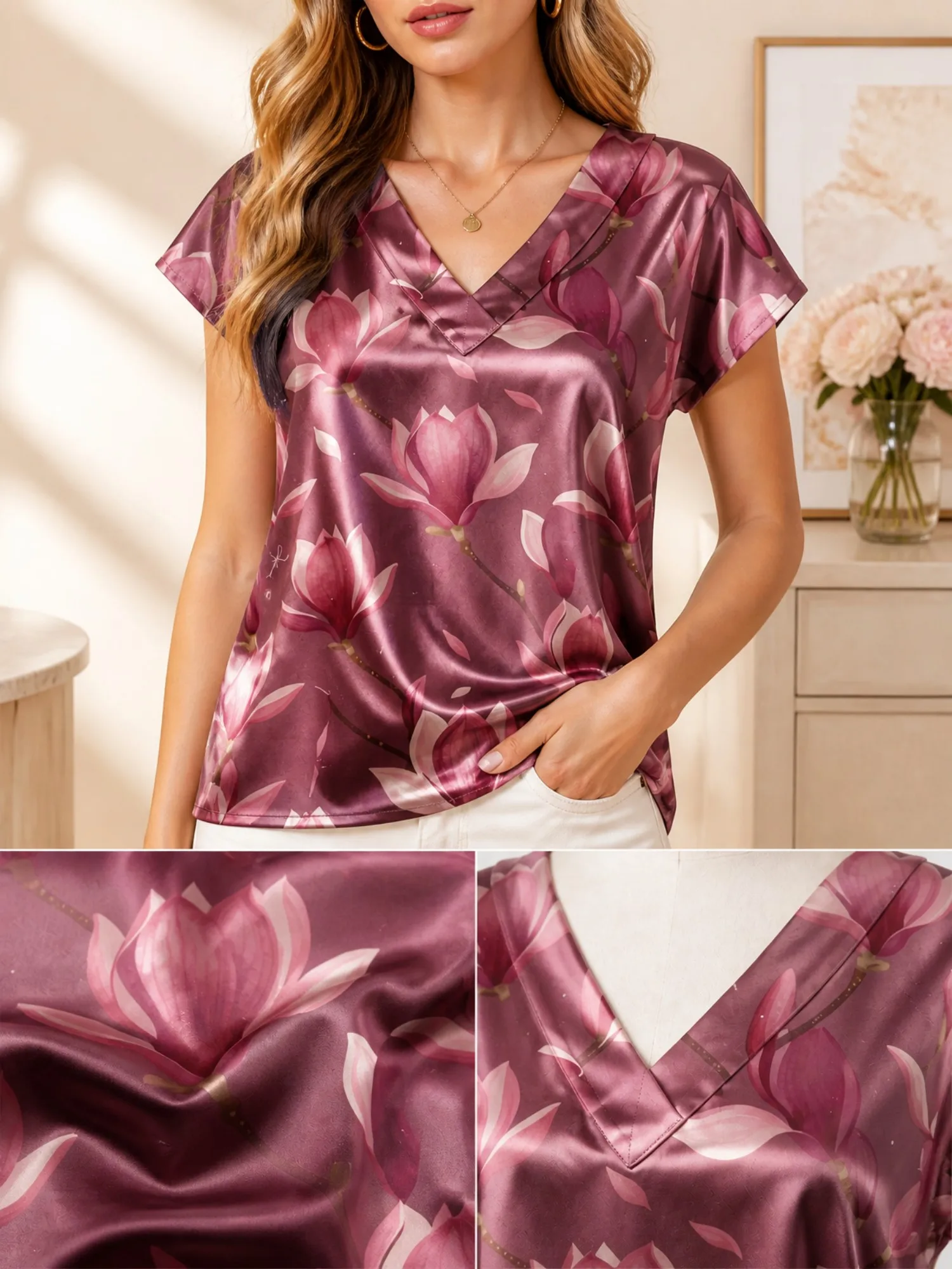Floral Satin V Neck Top for Women Cap Sleeve Loose Draped Fit Silky Casual Brunch Weekend Wear Lightweight Breathable Fresh Airy