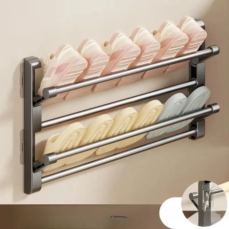 Wall‑Mounted Non‑Punching Slipper Rack, Multi‑Functional Folding Drainage Shoe Storage Rack for Bathroom Toilet Door