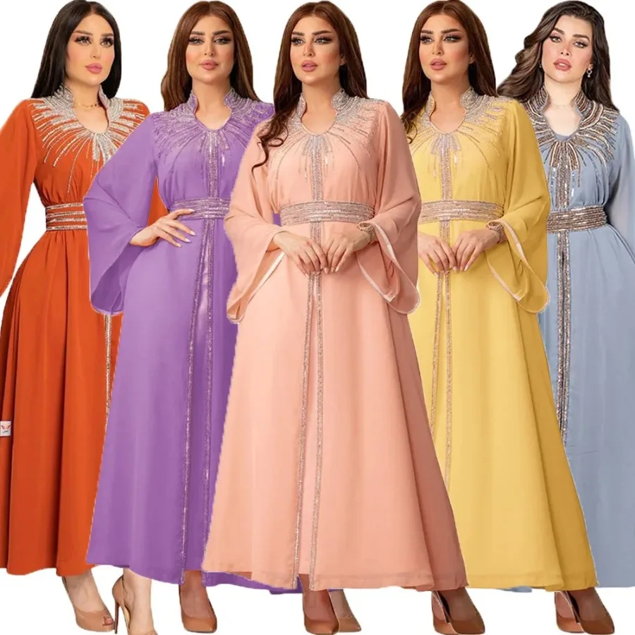 Mulheres Elegante Decote em V Vestido de Chiffon com Cinto, Abaya Turco, Caftan Árabe, Caftan Marroquino, Real Moda Feminina, Diamante Quente