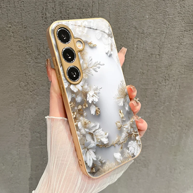 White minimalist floral pattern glass phone case for Samsung Galaxy S26 S25 S24 S23 S22 S20 FE/Ultra/Plus anti drop Cover