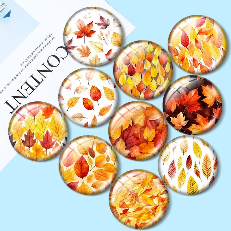 Colored Maple Leaf Pattern 10pcs 12mm/25mm/30mm Round photo glass cabochon demo flat backMaking findings