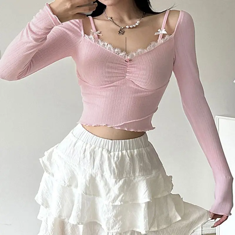 New Kawaii Long-sleeved Sweet Romantic Dating Girls Bow Pink Top Women Pure Desire Wind Rose Lace Slim Short T-shirt