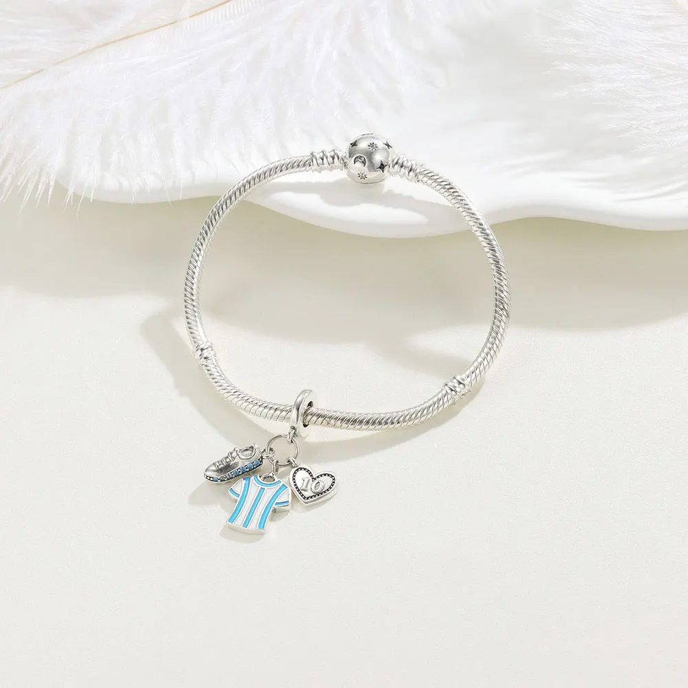 925 Silver Football Charm Sports Brazil Argentina Football Star No. 10 Jersey Beads Fit For Original Bracelet DIY Jewellery Gift