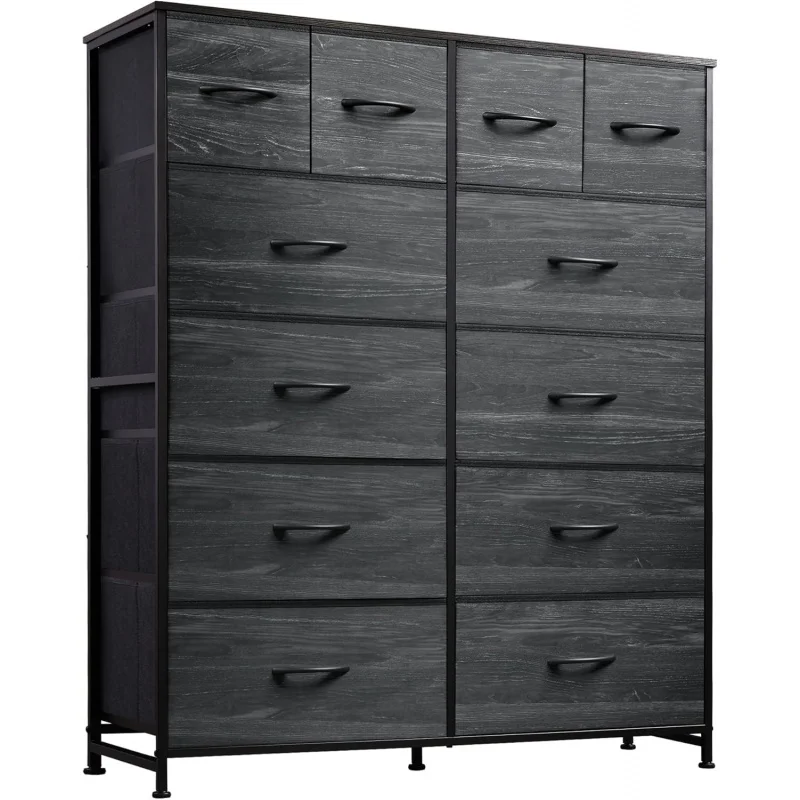 

Charcoal Black Wood Grain Print Storage Organizer Unit – 12 Fabric Bins, Steel Frame Storage Drawers, Tall Tower for Living Room
