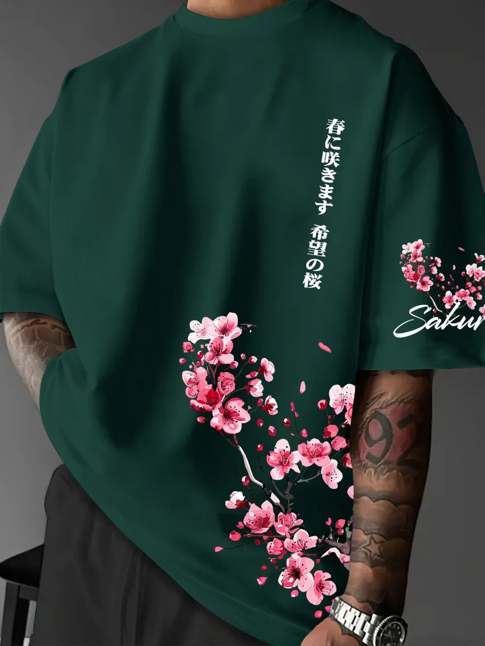Hot Selling New American Men's Summer Cherry Blossom Letter Print Soft and Breathable Round Neck T-Shirt Outdoor Casual Top