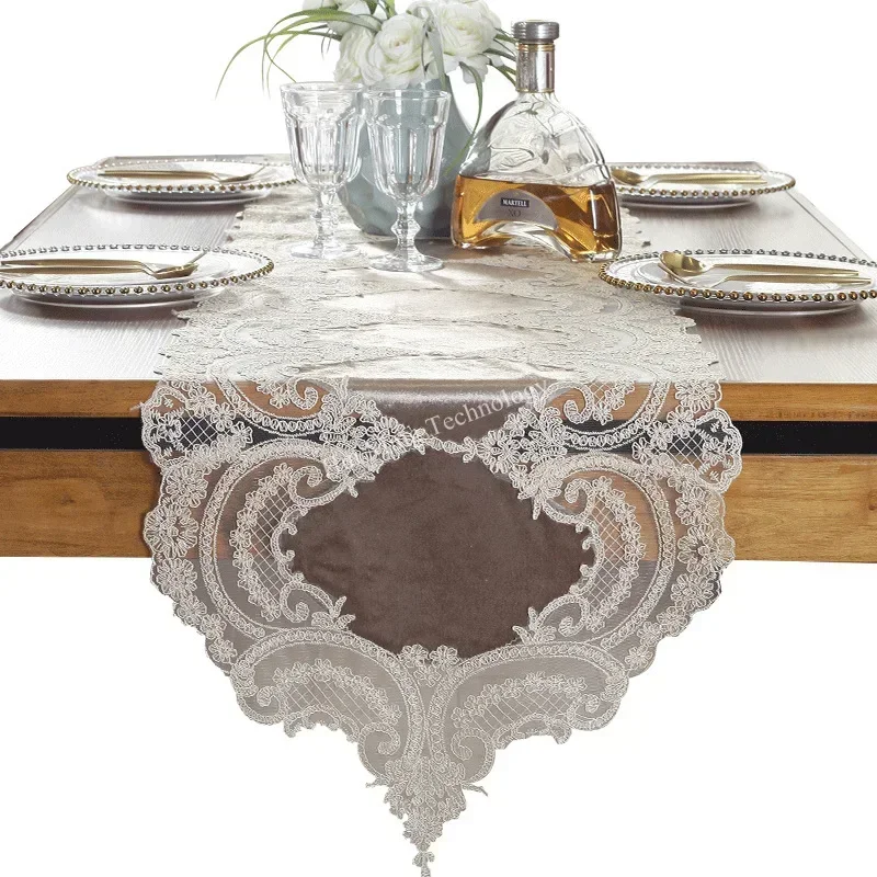 Table Runner For Dining Table Cloth Runners Beige Gold Velvet Europe Embroidered Classical Table Flag Lace Home Decoration