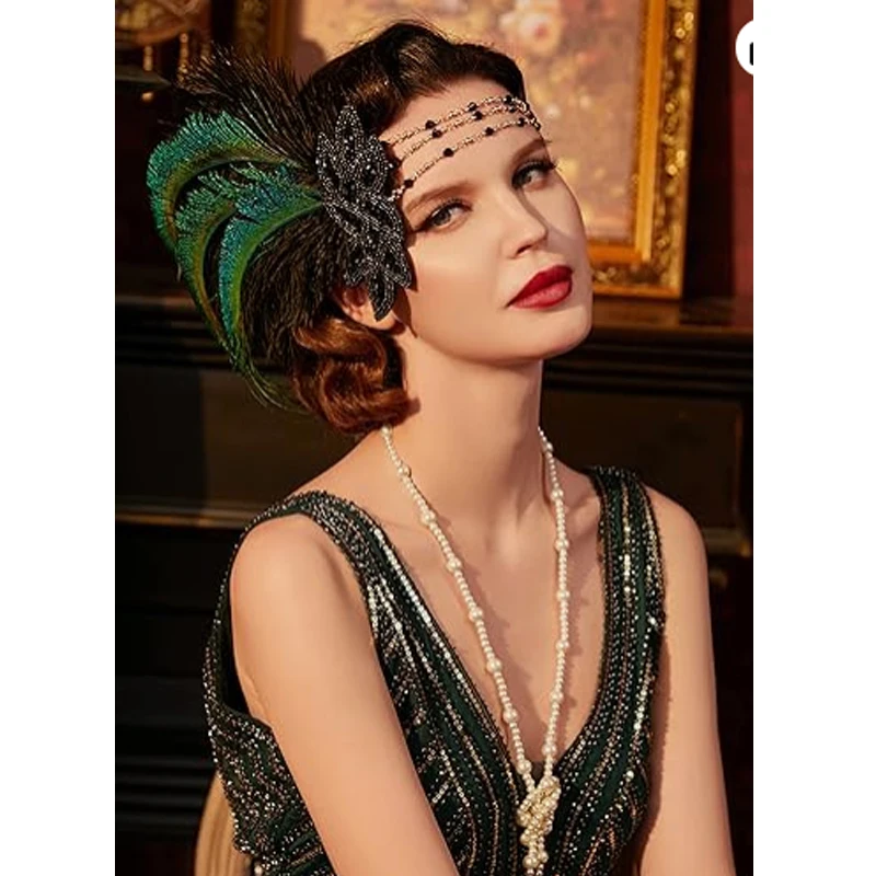 Art Deco 1920s 플래퍼 헤드피스 포효하는 20s 그레이트 개츠비 깃털 머리띠, 1920s 플래퍼 개츠비 액세서리