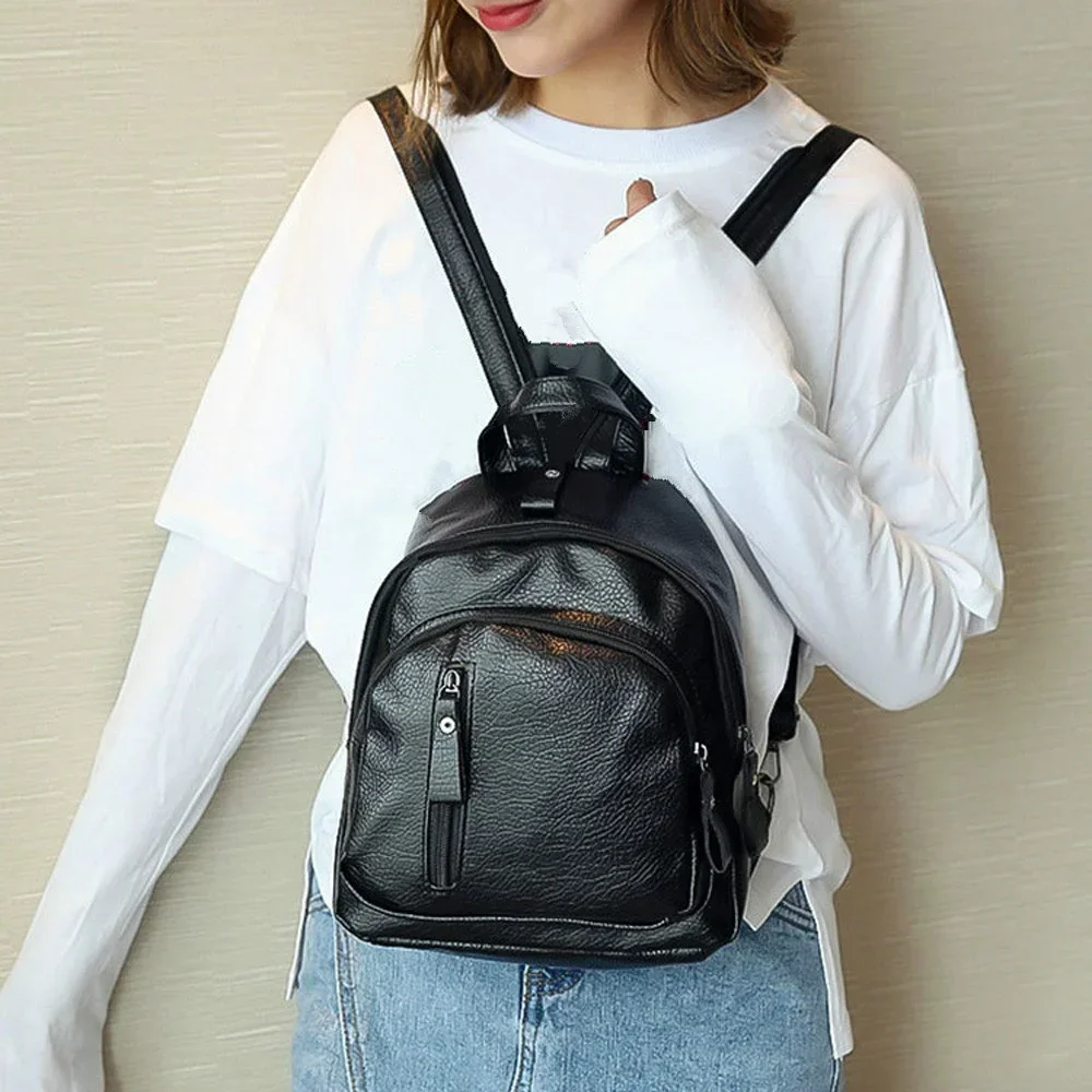 Women\'s Korean Backpack PU Travel Minimalist Girl Multifunctional Versatile Casual Soft Leather Mini Simple Large Capacity Bag